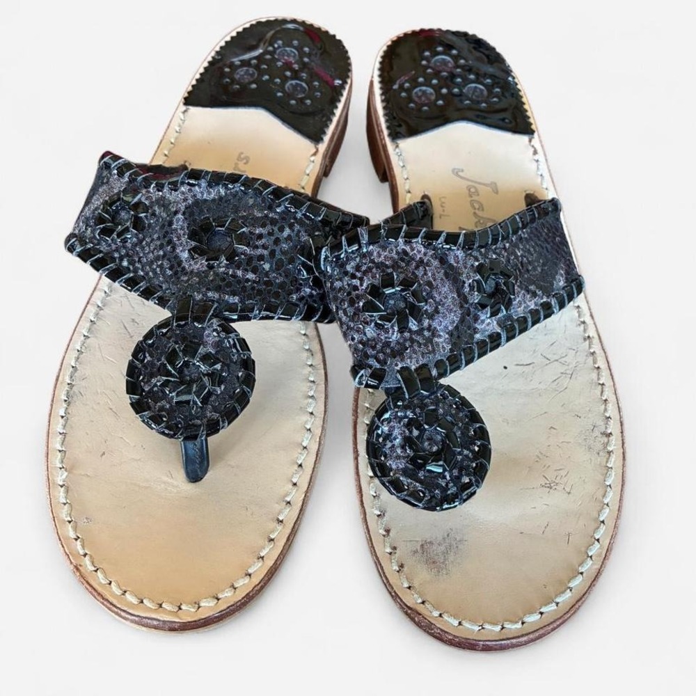 Jack Rogers black & tan snakeskin leather sandals flip flops Sz 7